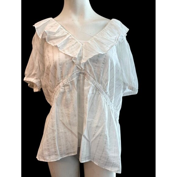 Michael Kors Women's XXL Peasant Blouse White Ruffled Collar Semi Sheer Gold - Picture 1 of 4